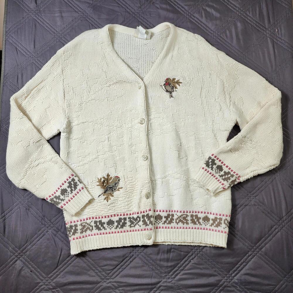 Vintage 90s Northern Reflections Cardigan Sweater Women Large Birds Cottage Knit